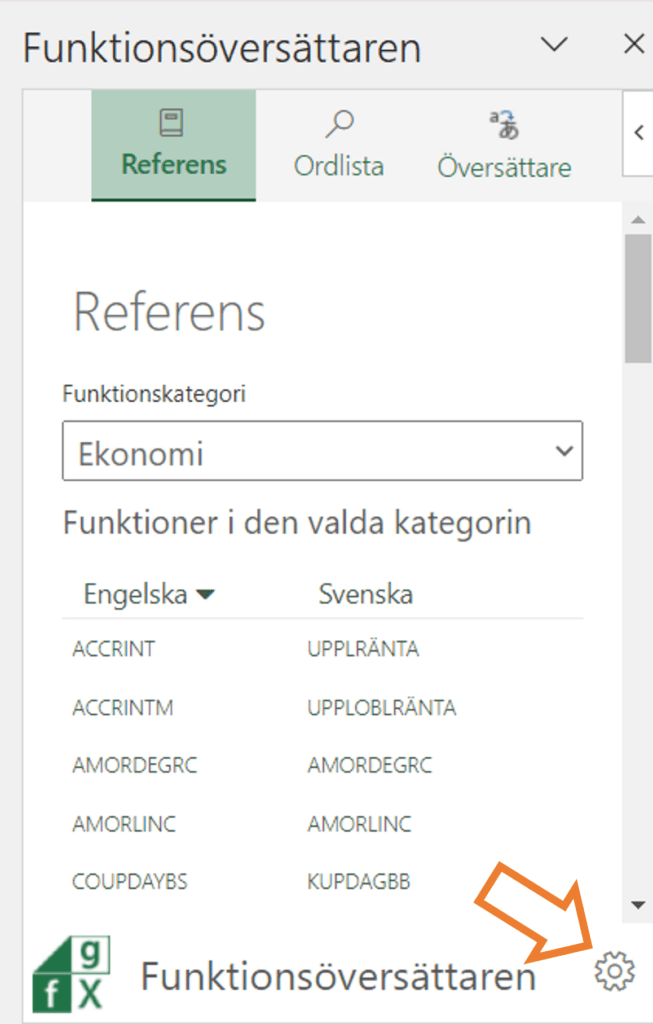 En bild som visar hur du kommer åt inställningar i Excels Funktionsöversättare