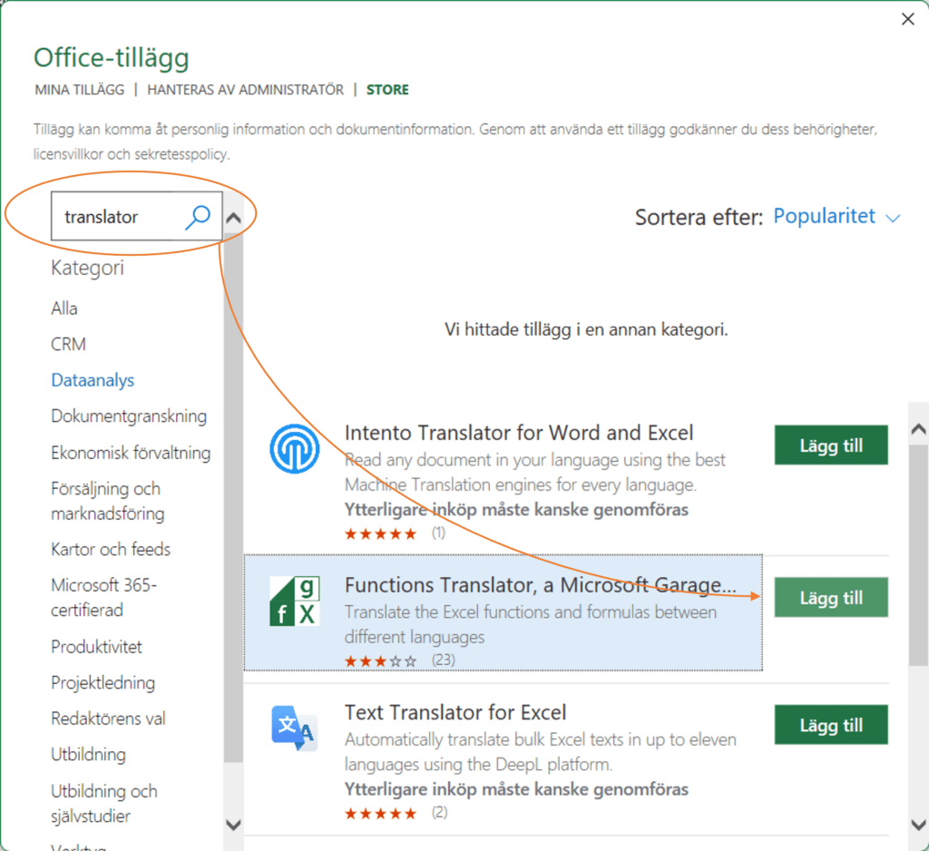 Bild som visar MS Store där Funktionsöversättaren finns gratis som ett tillägg.