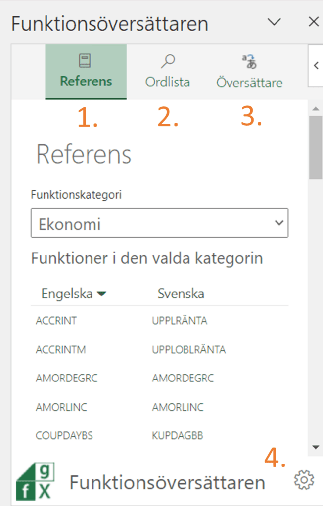 En bild som illustrerar de olika flikarna i Excels Funktionsöversättare