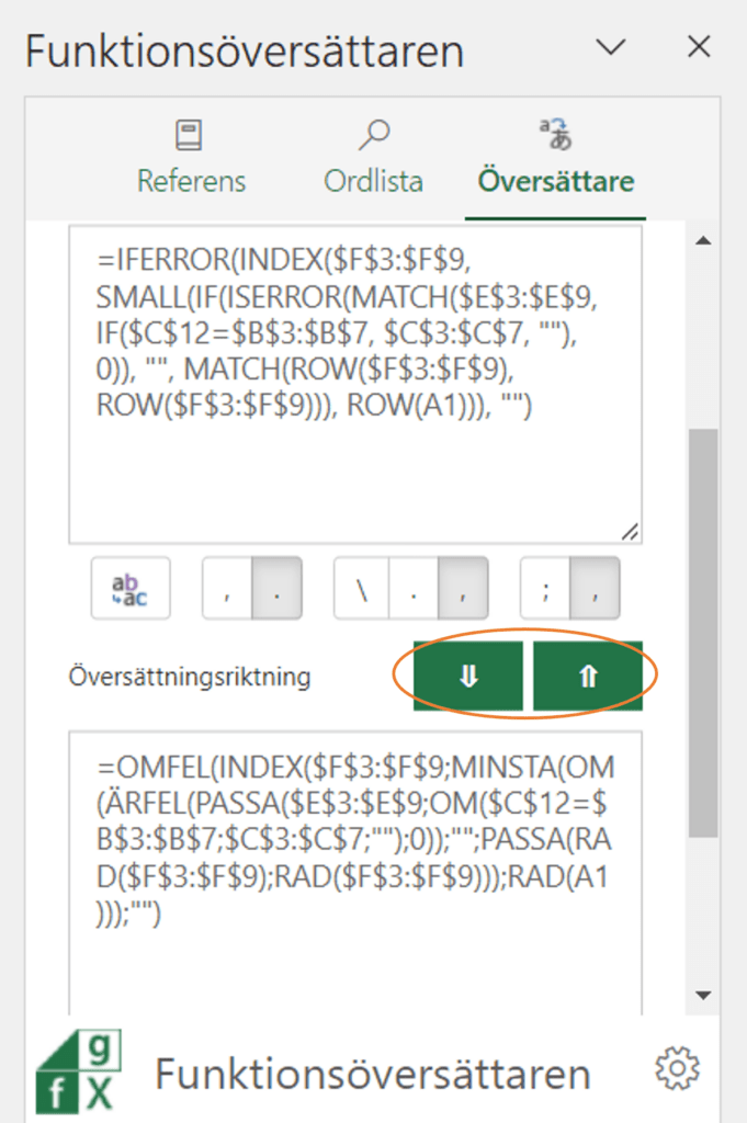 En bild som visar ett exempel på en översatt formel samt dess "riktningar"