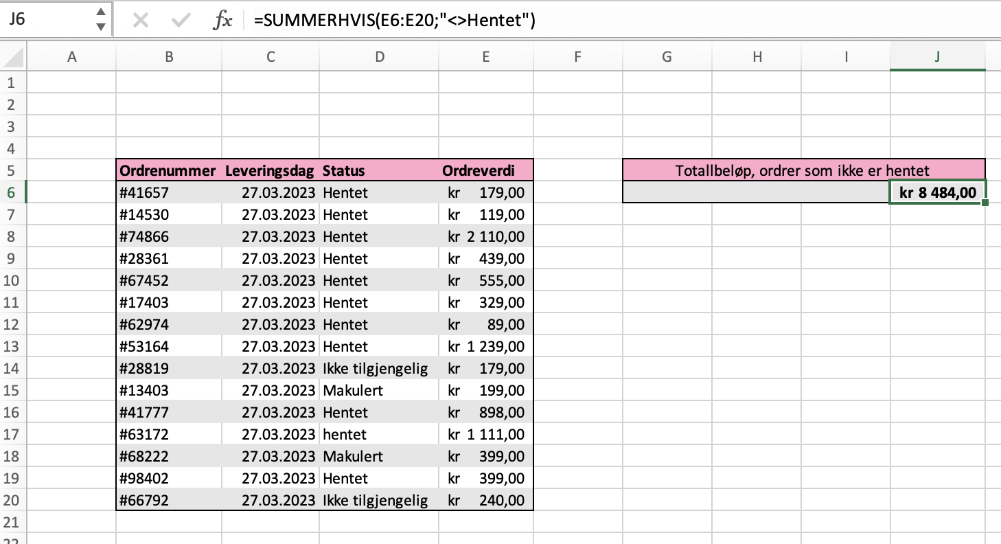 Bildet viser funksjonen SUMMERHVIS i excel