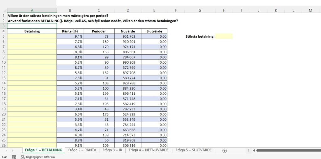 Ett kalkylblad som visar en kalkylering