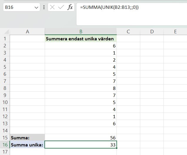 En Excel-formel som visar hur man kombinerar funktionerna SUMMA och UNIK. 