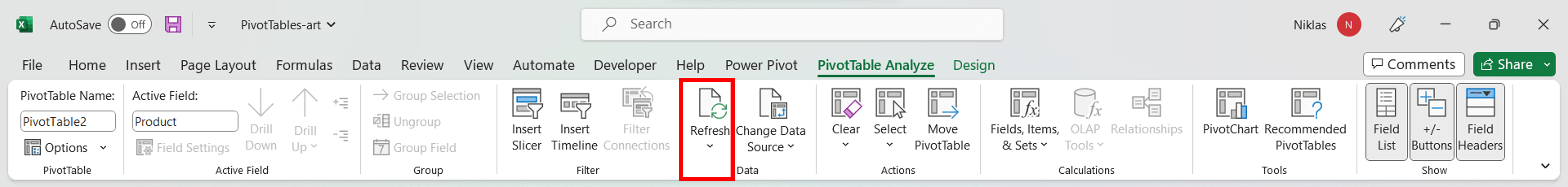 This image shows the Excel menu bar; especially the PivotTable